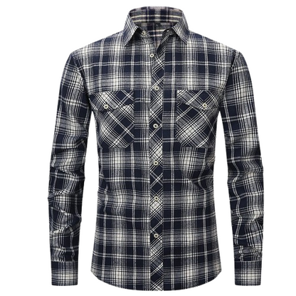 Men's High-End Vintage Style Plaid Flannel Shirt Long Sleeved Double Pocket Fashionable Print Cotton Casual Shirt Anti-Wrinkle